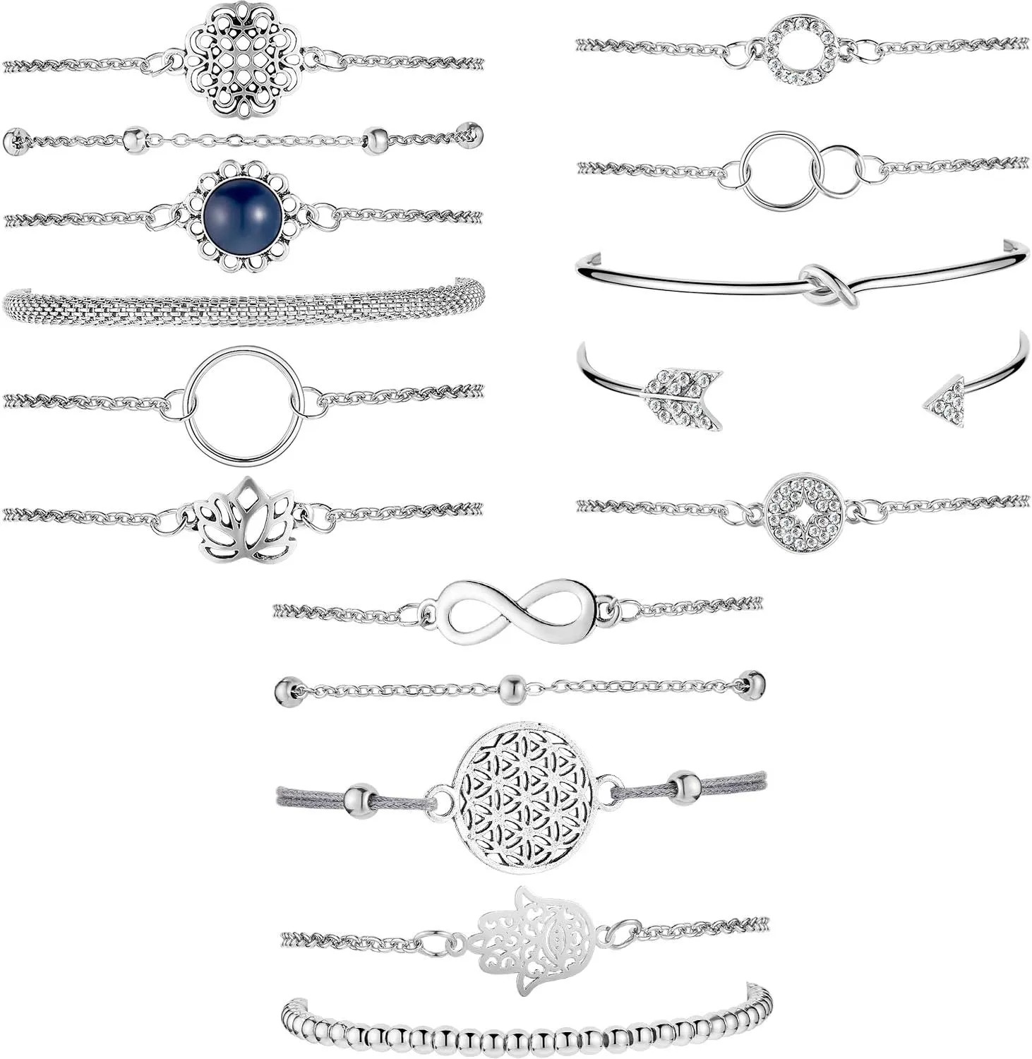 Hicarer 16 Piece Layered Bracelet Set Vintage Flower Hand Chain Adjustable Charm Pendent Stack Bracelet