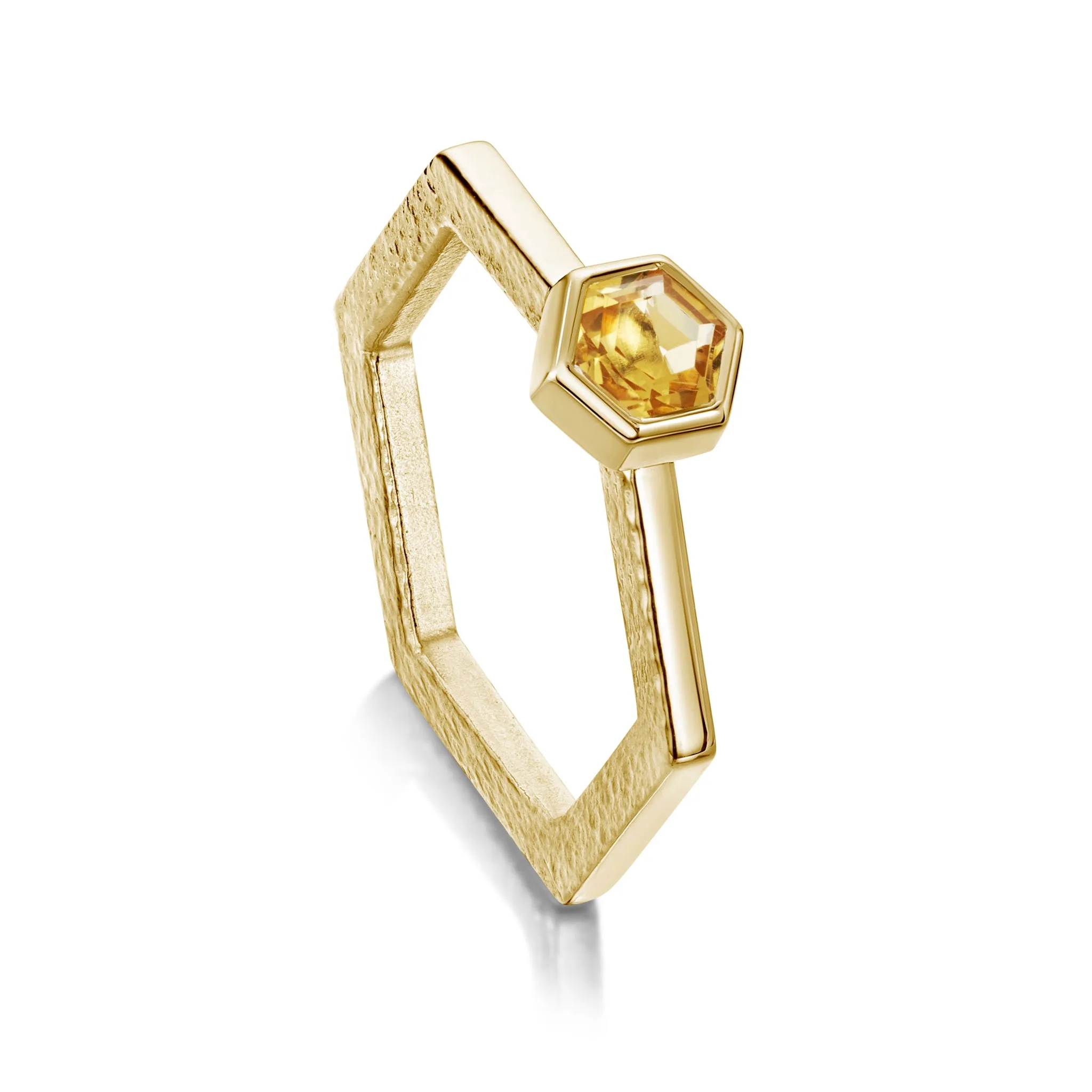 Honeycomb Hexagon Ring with 5mm Citrine in 9ct Yellow Gold