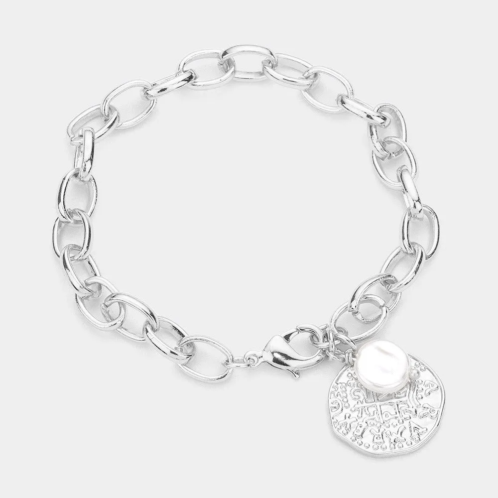 iLLASPARKZ Freshwater Pearl Irregular Metal Round Charm Bracelet