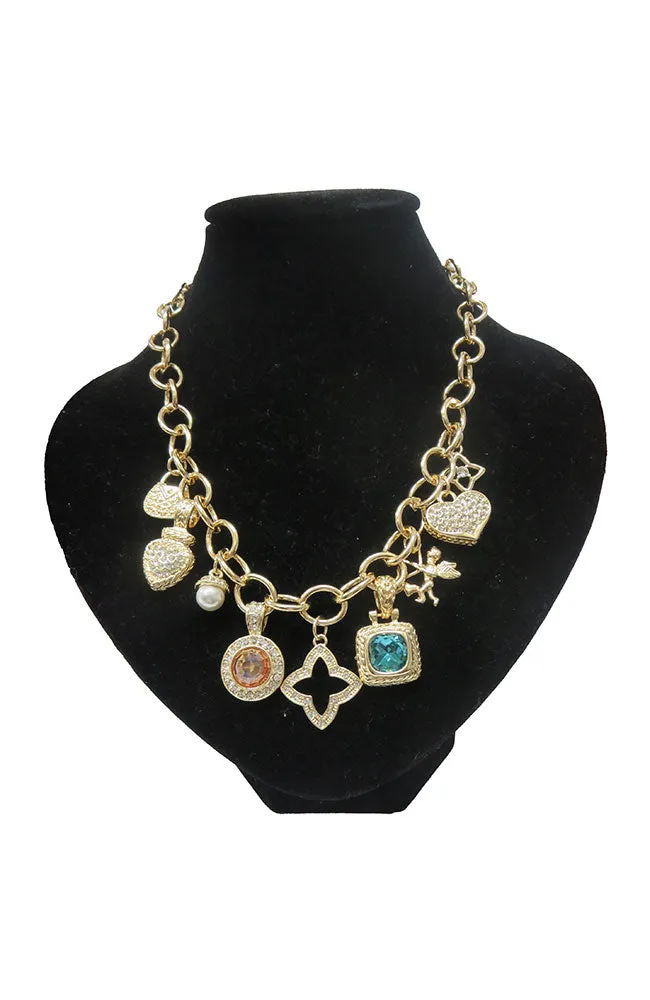 Lg Link Chain 9 Charm Necklace Gold
