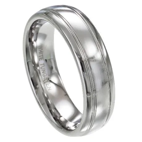 Men's White Tungsten Ring with Satin Finish and Polished Grooves | 7mm