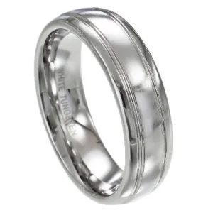 Men's White Tungsten Ring with Satin Finish and Polished Grooves | 7mm