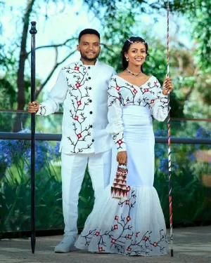 Modern Oromo Couples' Outfit With Accessories Wedding Oromo Dress Design