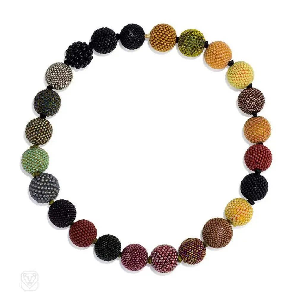 Multicolored glass and crystal beaded ball necklace