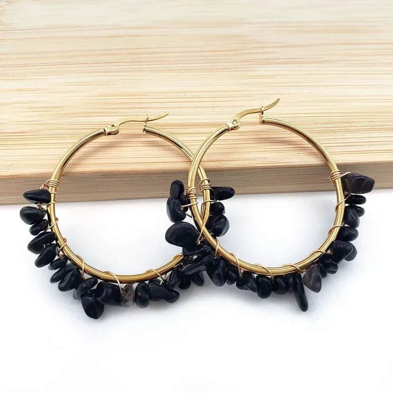 Natural Crystal Long Tassel Round Hoop Earrings