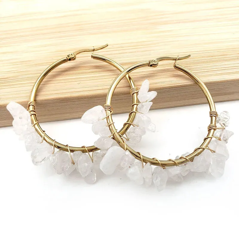 Natural Crystal Long Tassel Round Hoop Earrings