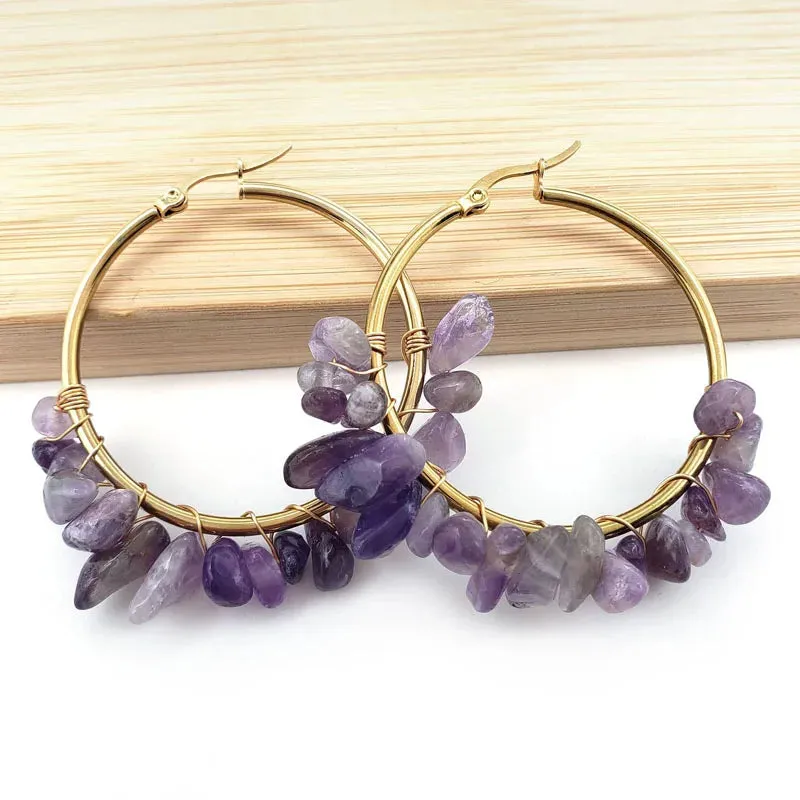 Natural Crystal Long Tassel Round Hoop Earrings