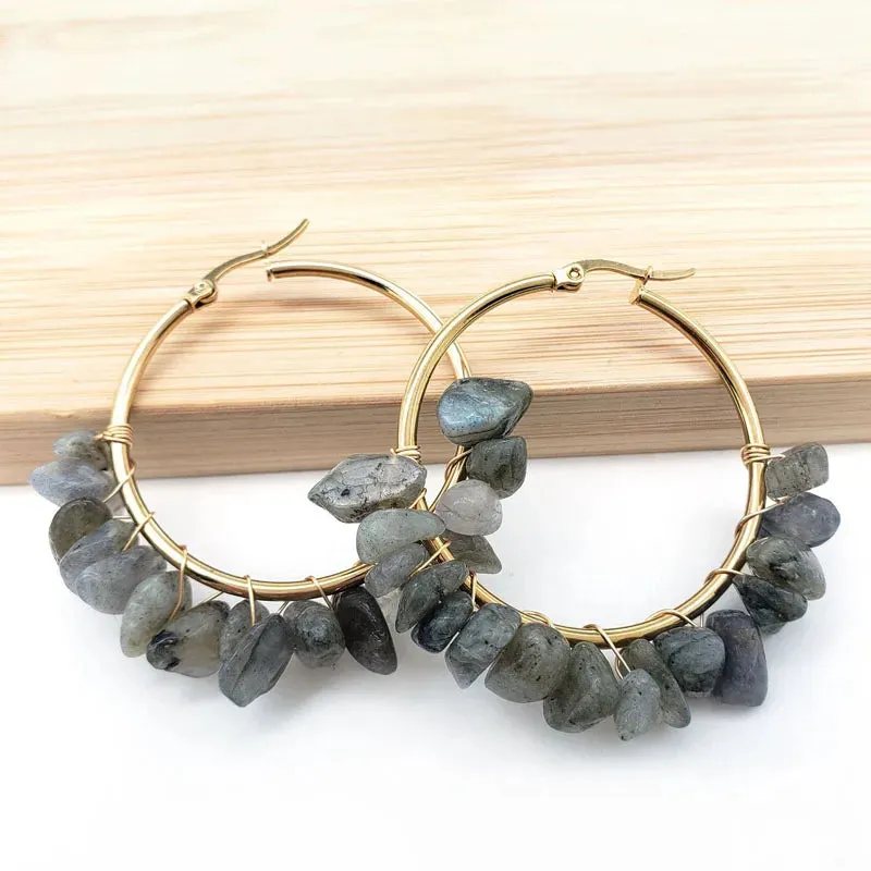 Natural Crystal Long Tassel Round Hoop Earrings