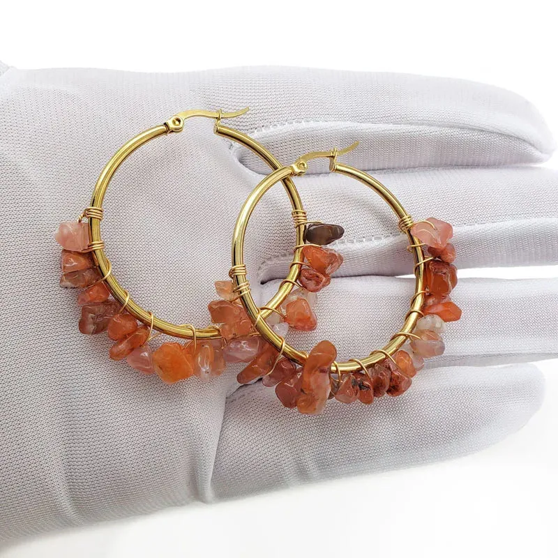 Natural Crystal Long Tassel Round Hoop Earrings