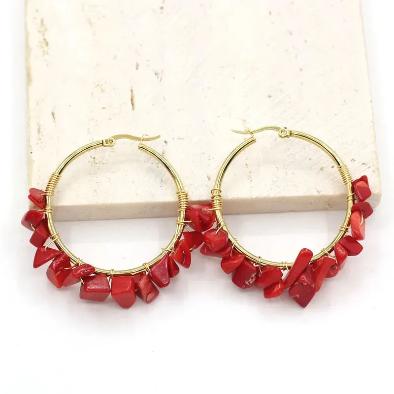 Natural Crystal Long Tassel Round Hoop Earrings