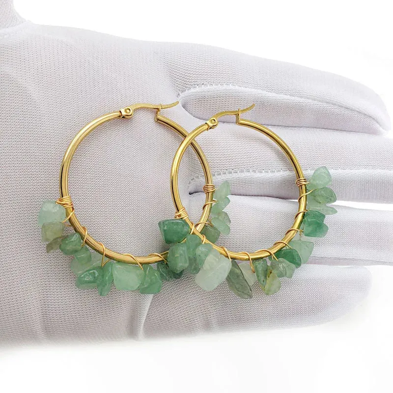 Natural Crystal Long Tassel Round Hoop Earrings