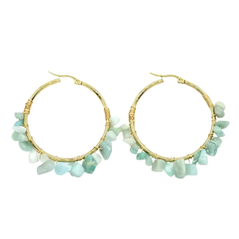 Natural Crystal Long Tassel Round Hoop Earrings