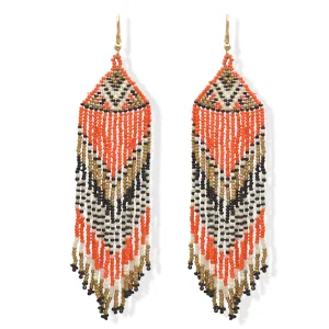 Orange, Black, White, and Gold Bohemian Seed Bead Long Tassel Earrings #SH-ER-1207