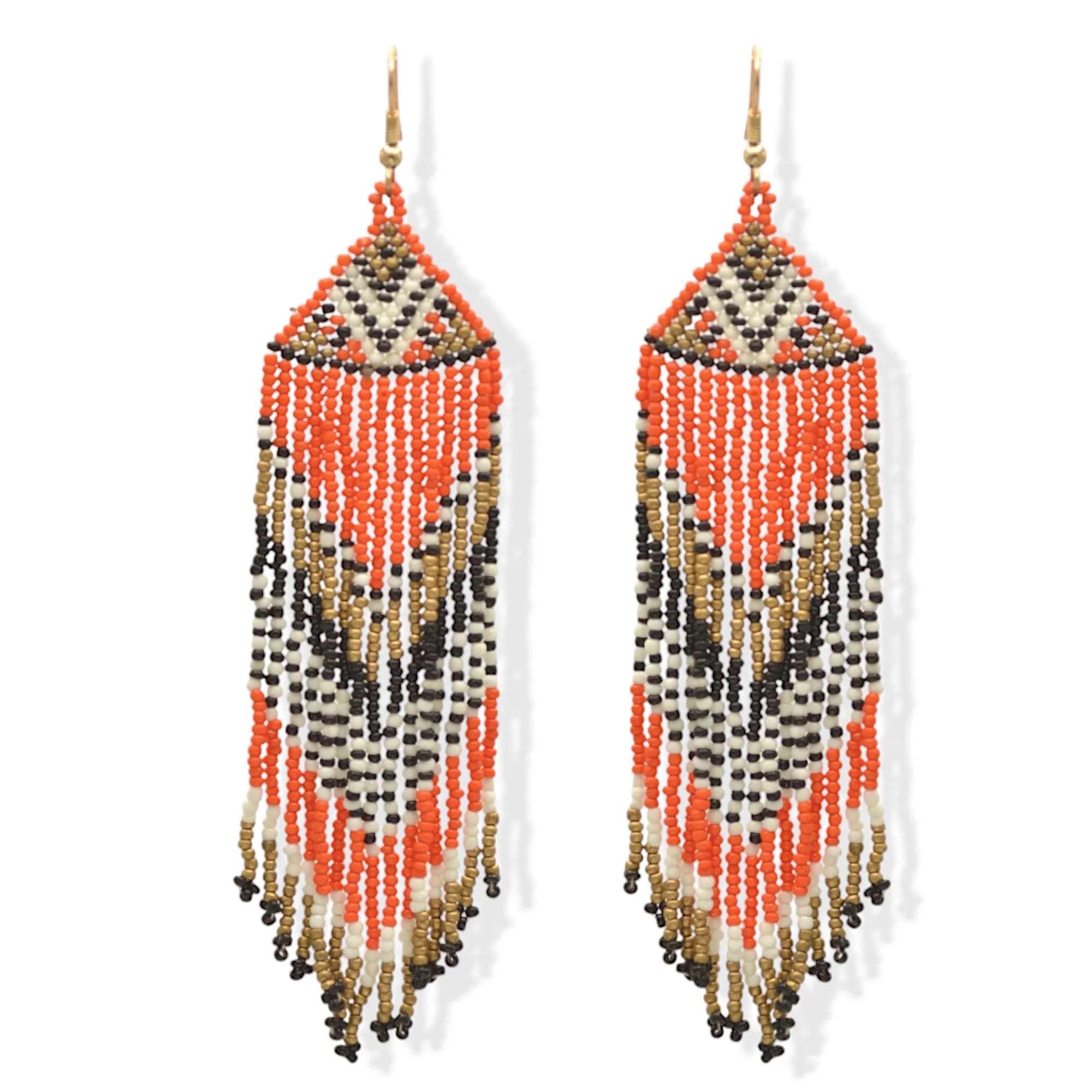 Orange, Black, White, and Gold Bohemian Seed Bead Long Tassel Earrings #SH-ER-1207