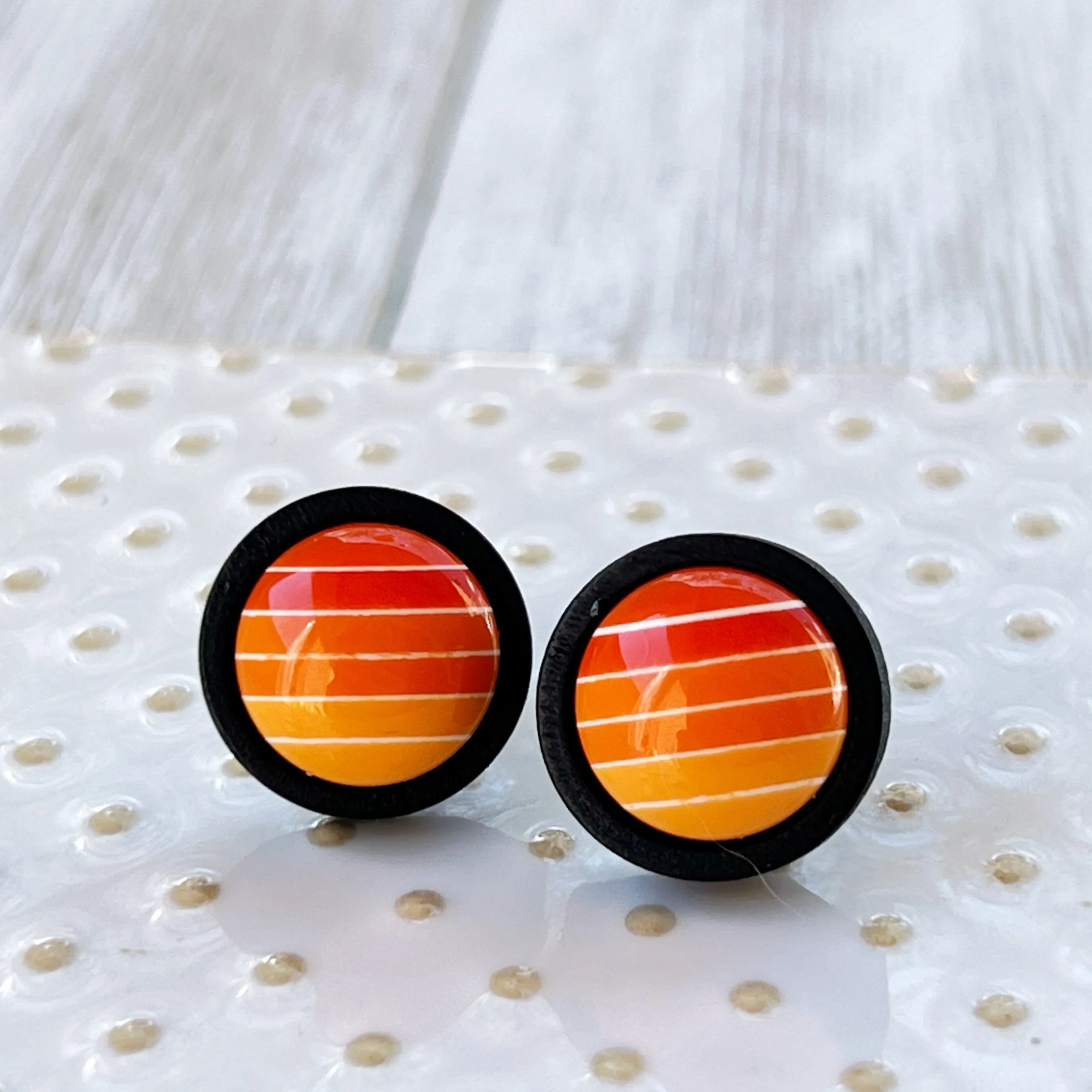 Orange Gradient Striped Black Wood Unisex Earrings - Stylish & Unique Accessories