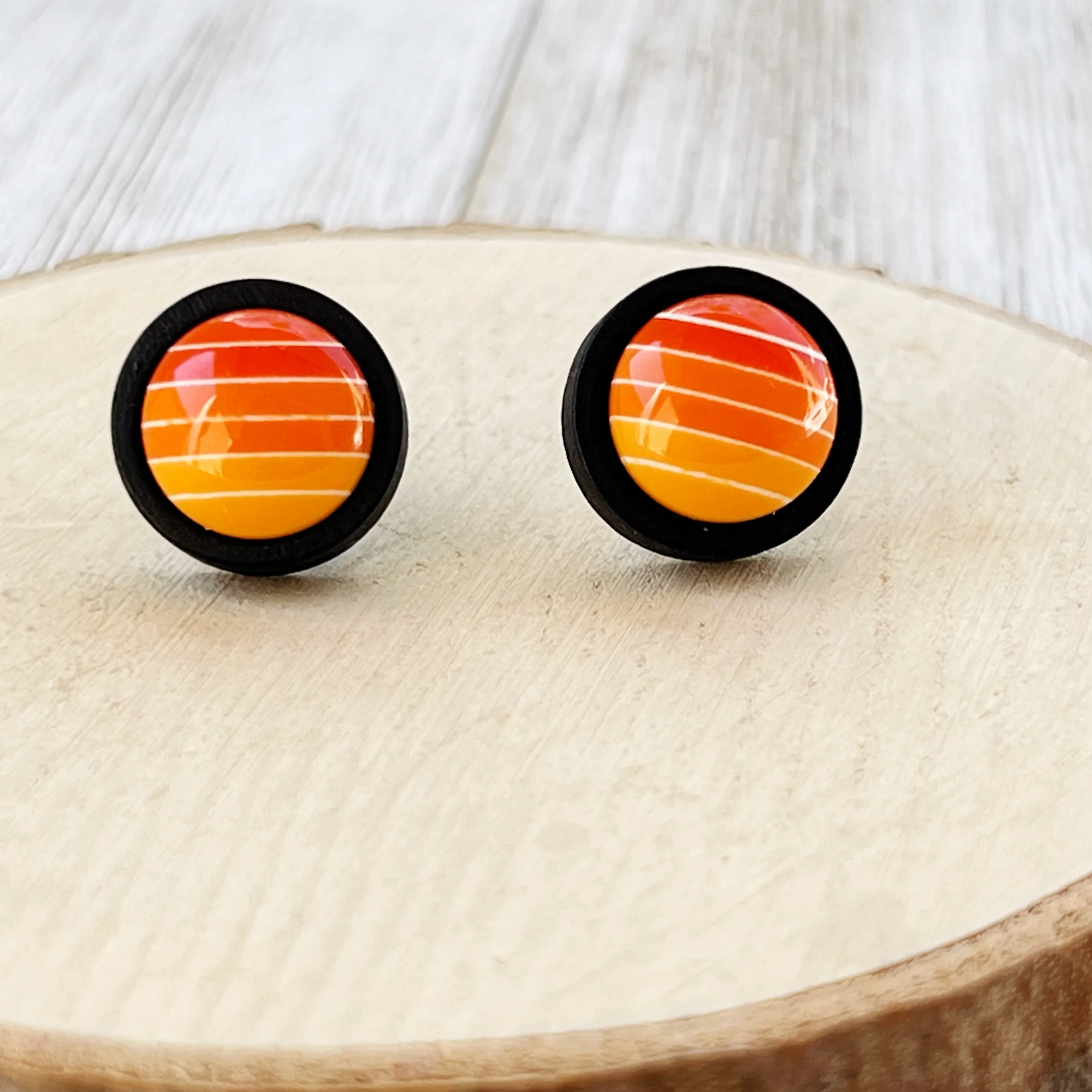 Orange Gradient Striped Black Wood Unisex Earrings - Stylish & Unique Accessories