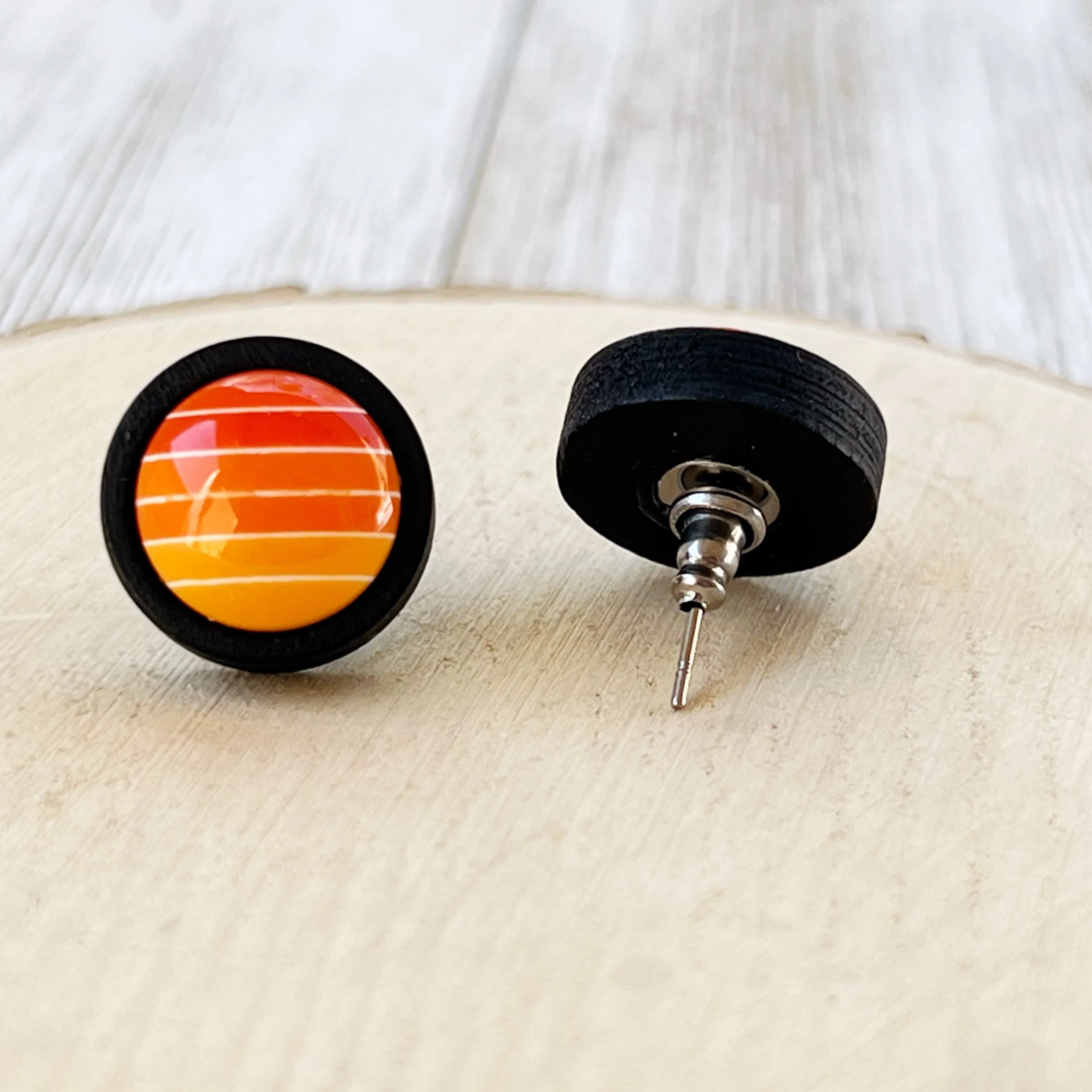 Orange Gradient Striped Black Wood Unisex Earrings - Stylish & Unique Accessories