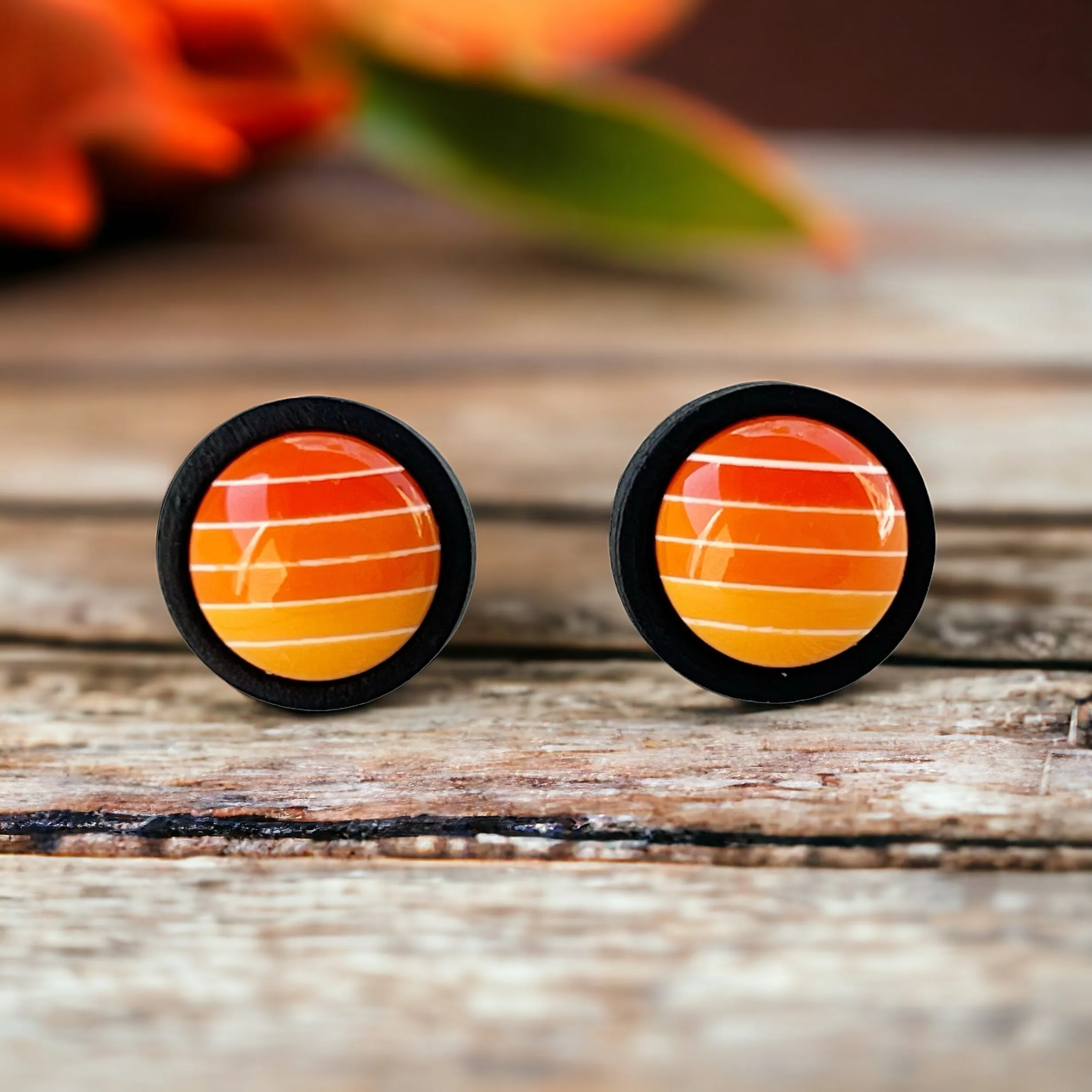 Orange Gradient Striped Black Wood Unisex Earrings - Stylish & Unique Accessories