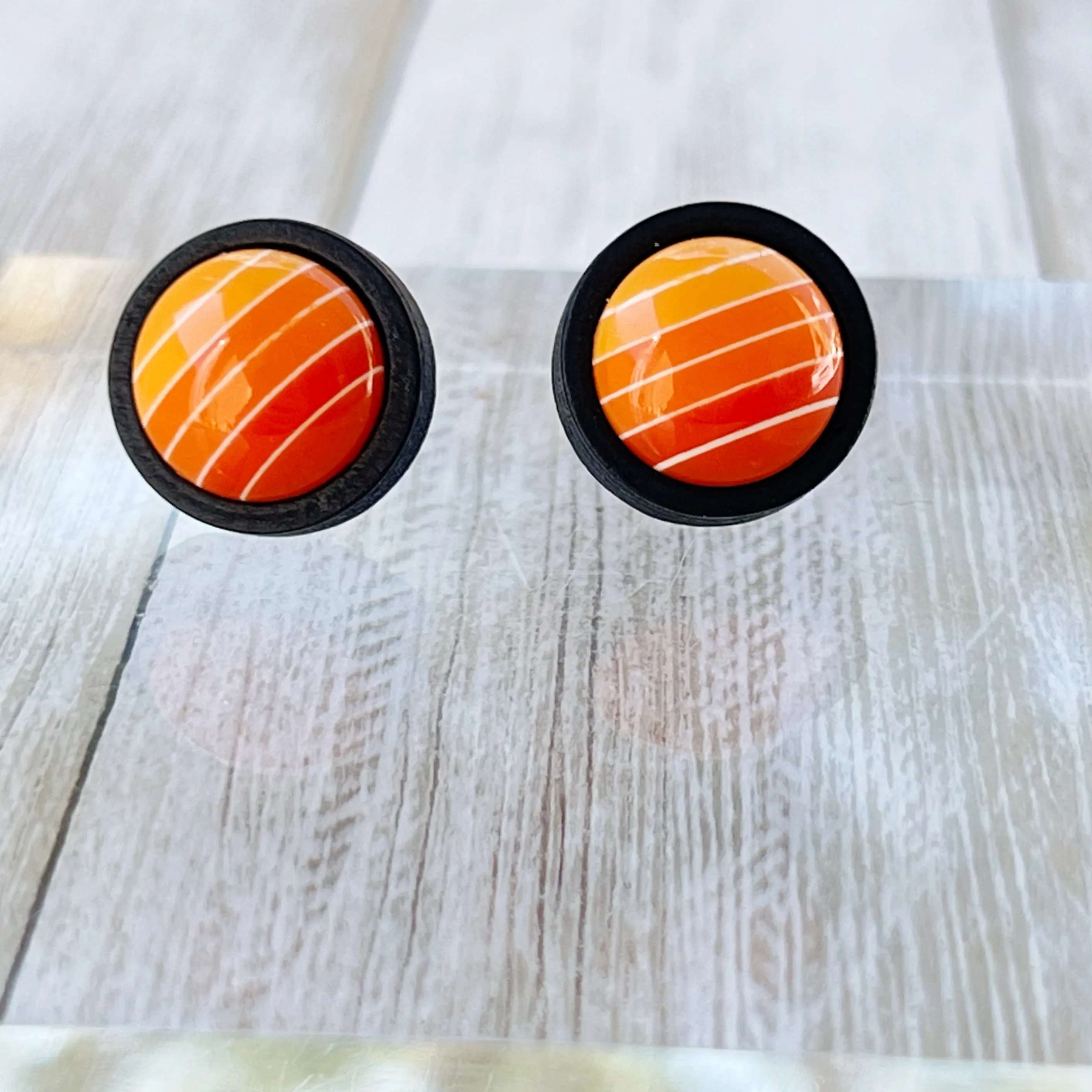 Orange Gradient Striped Black Wood Unisex Earrings - Stylish & Unique Accessories