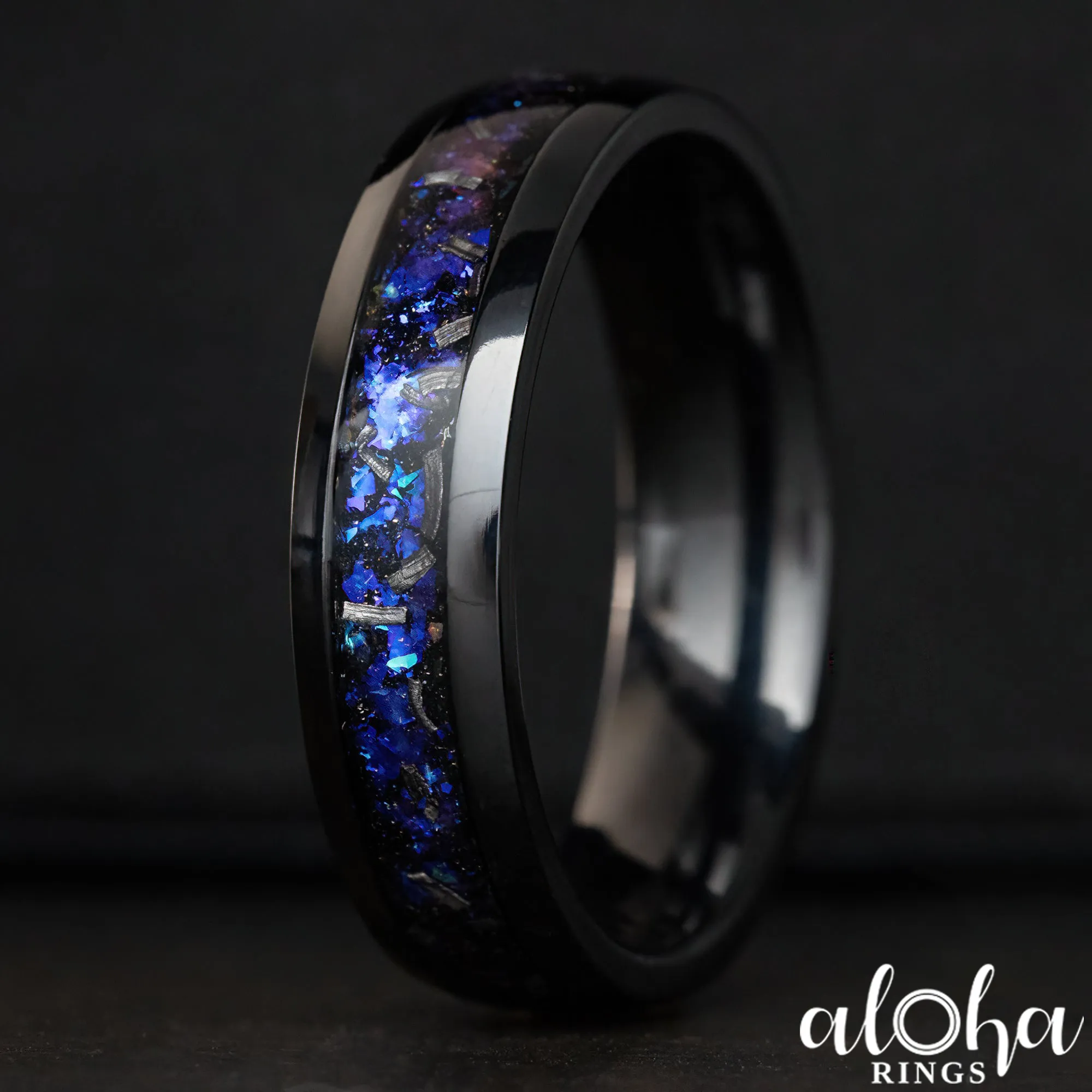 Pair of Blue Fire Opal & Meteorite [6 & 8mm] Black Titanium Ring Set