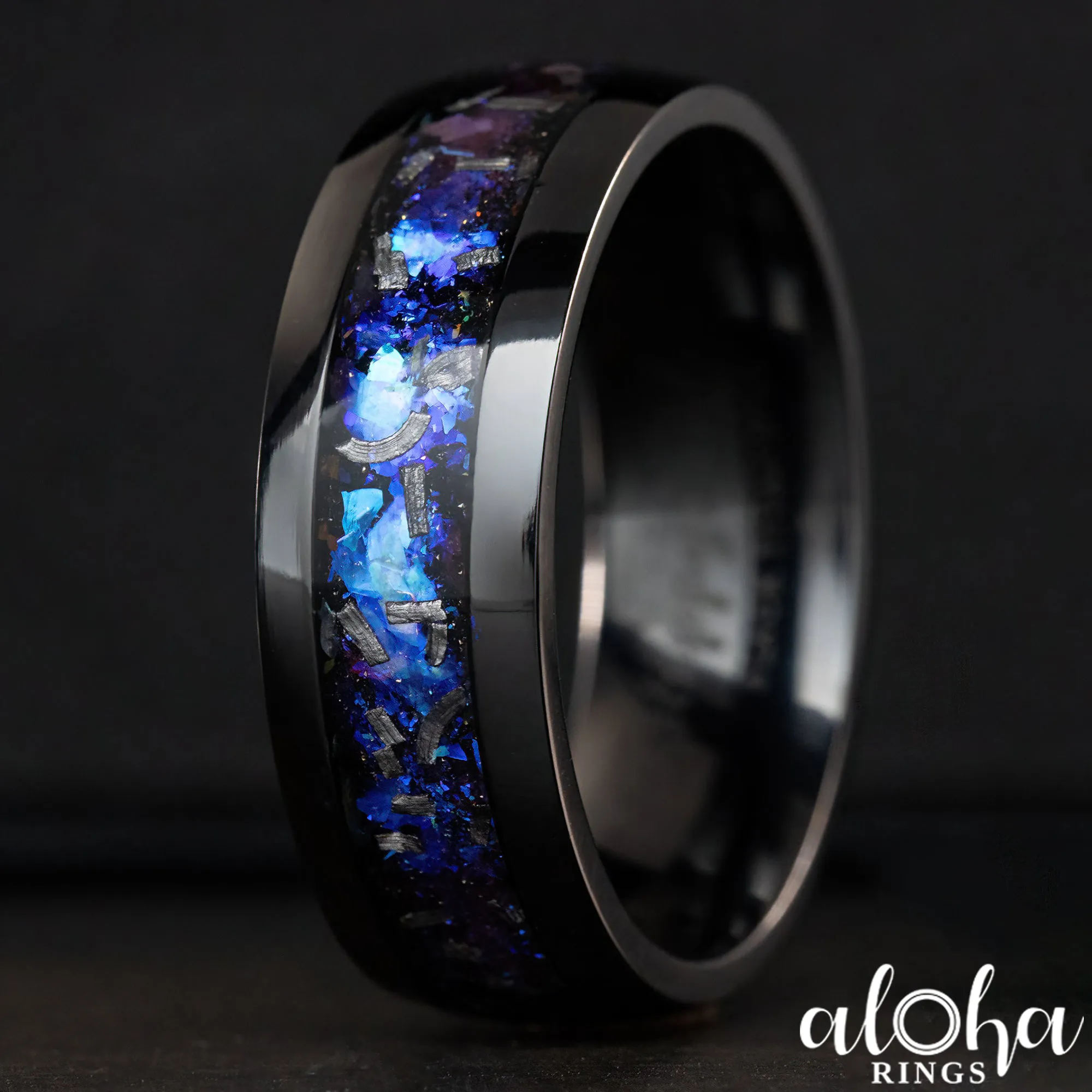 Pair of Blue Fire Opal & Meteorite [6 & 8mm] Black Titanium Ring Set