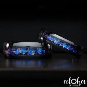 Pair of Blue Fire Opal & Meteorite [6 & 8mm] Black Titanium Ring Set
