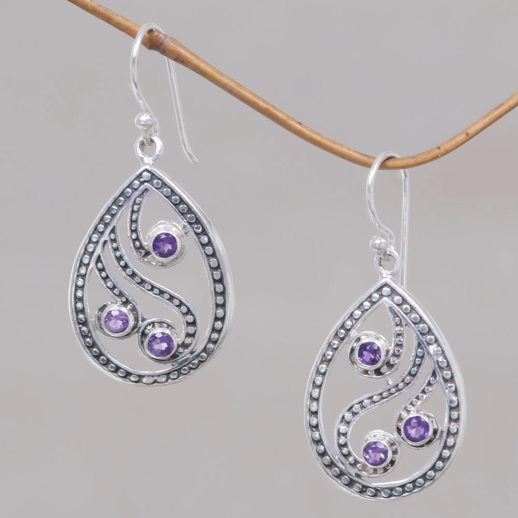 Peacock Feather Handcrafted Balinese Sterling Silver and Amethyst Earrings