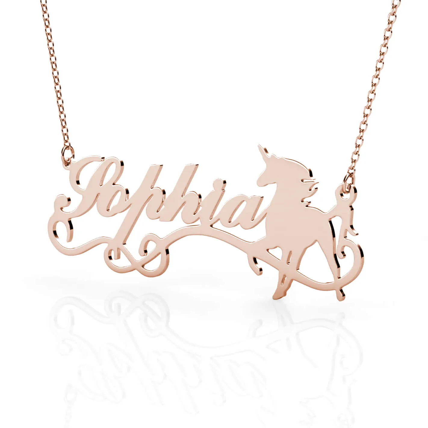 Personalised Unicorn Name Necklace Sterling Silver Rose Gold