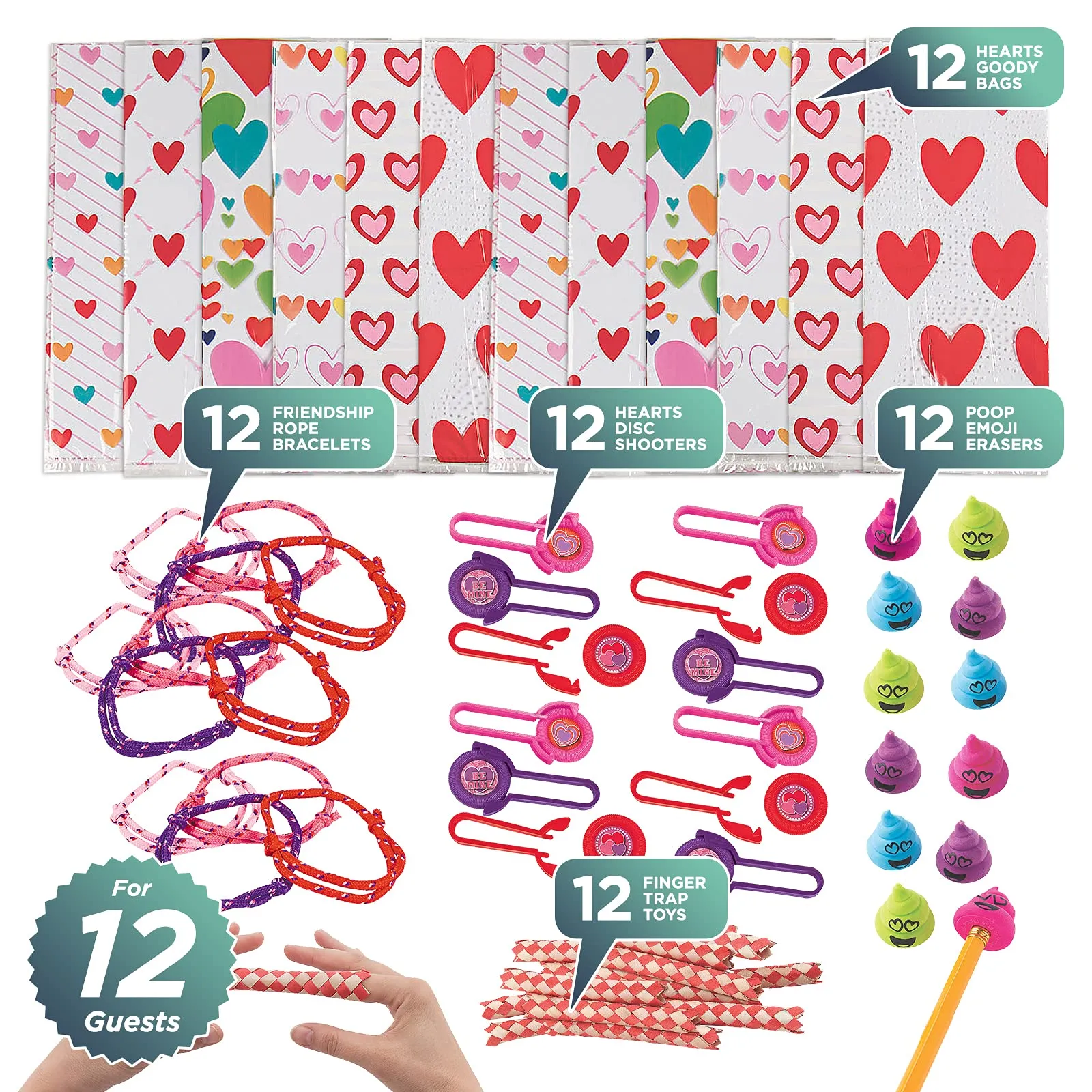 Pink and Purple Hearts Party Favors - Goody Bags and Activity Assortment (72 Pieces Total, Fills 12 Goody Bags)