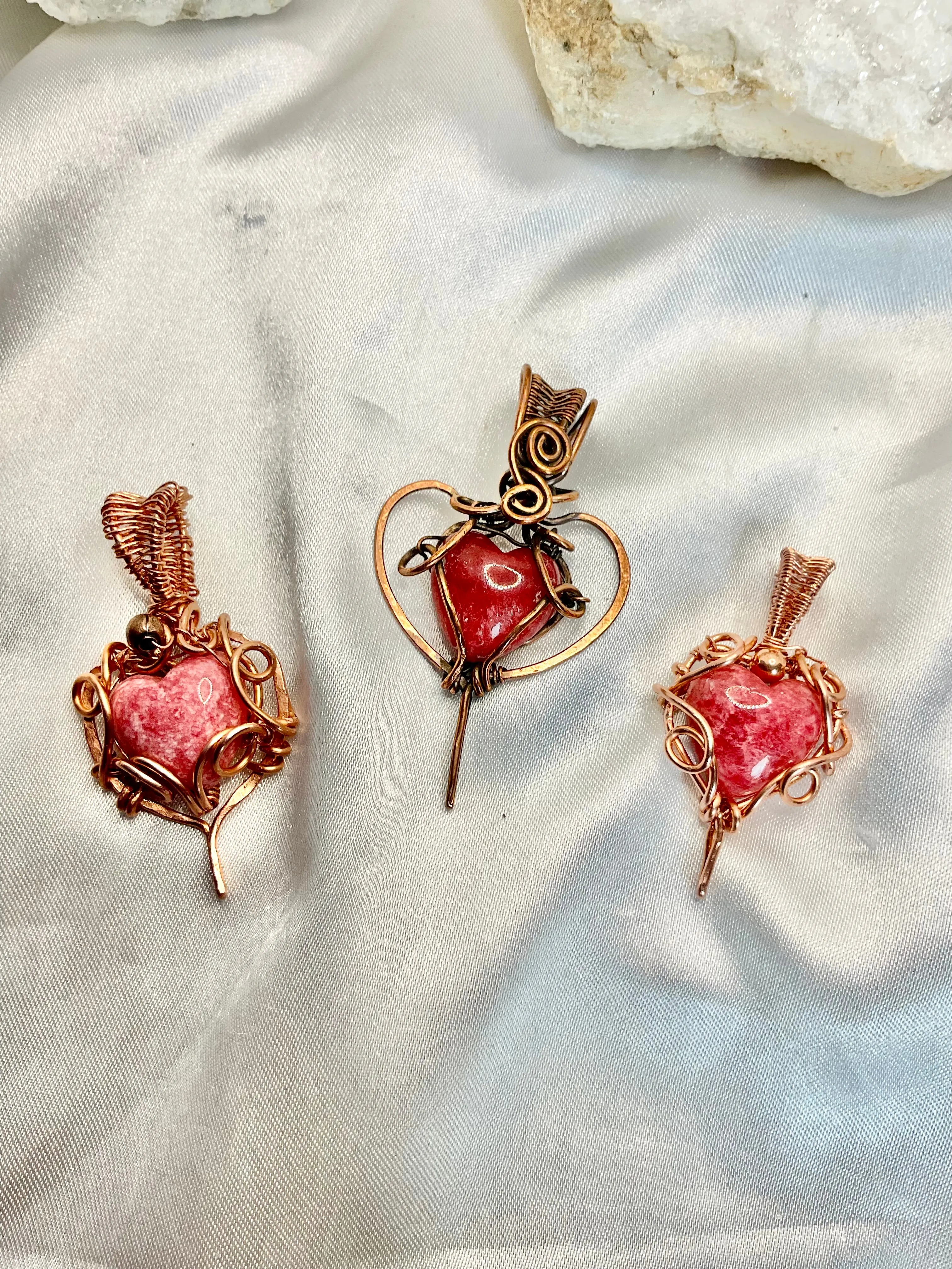 Rhodochrosite Heart Wire Wrapped Pendants
