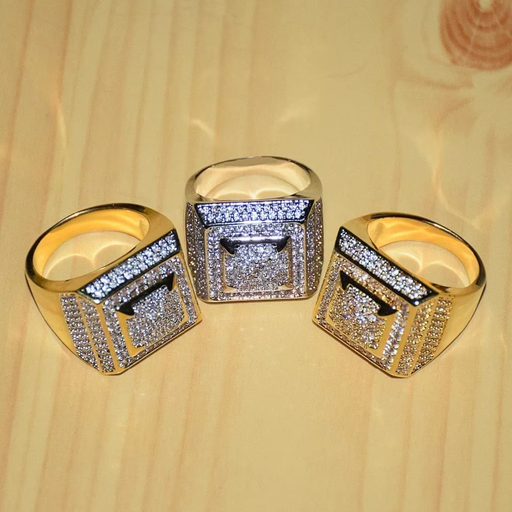 Rings Gold Color Copper Material Iced Full CZ Hip hop RingsSize 7-12