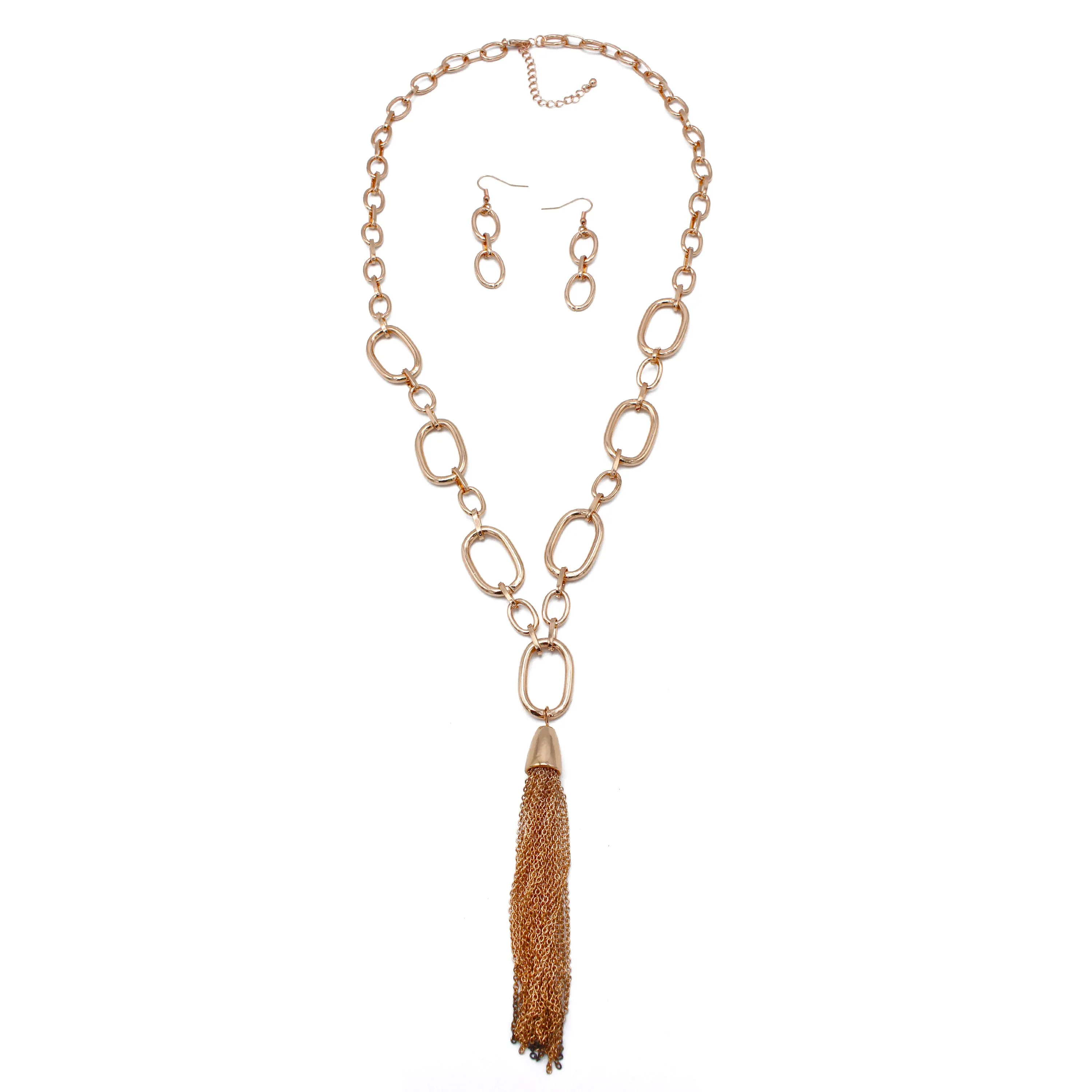 ROSE GOLD RECTANGLE LINK CHAIN TASSEL NECKLACE AND EARRING SET#SQ321-11088RG (MA18)