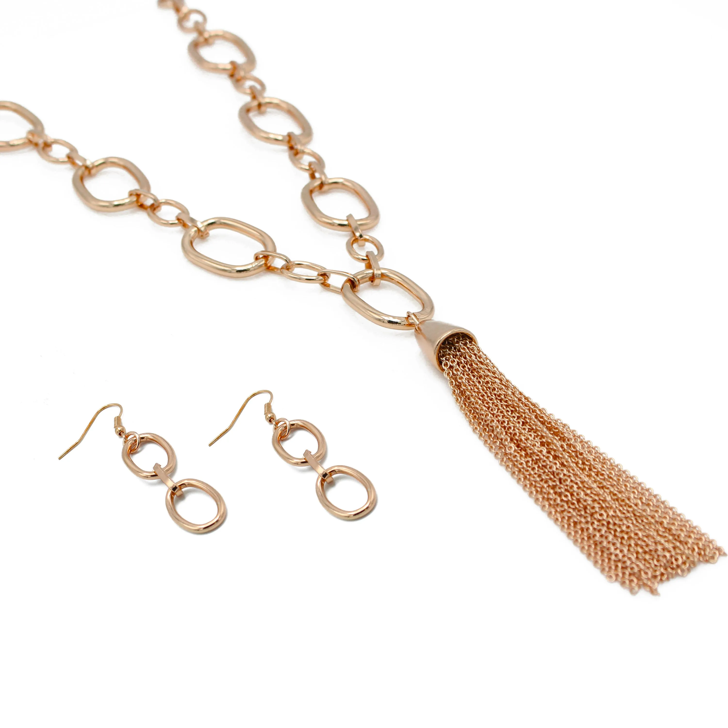 ROSE GOLD RECTANGLE LINK CHAIN TASSEL NECKLACE AND EARRING SET#SQ321-11088RG (MA18)