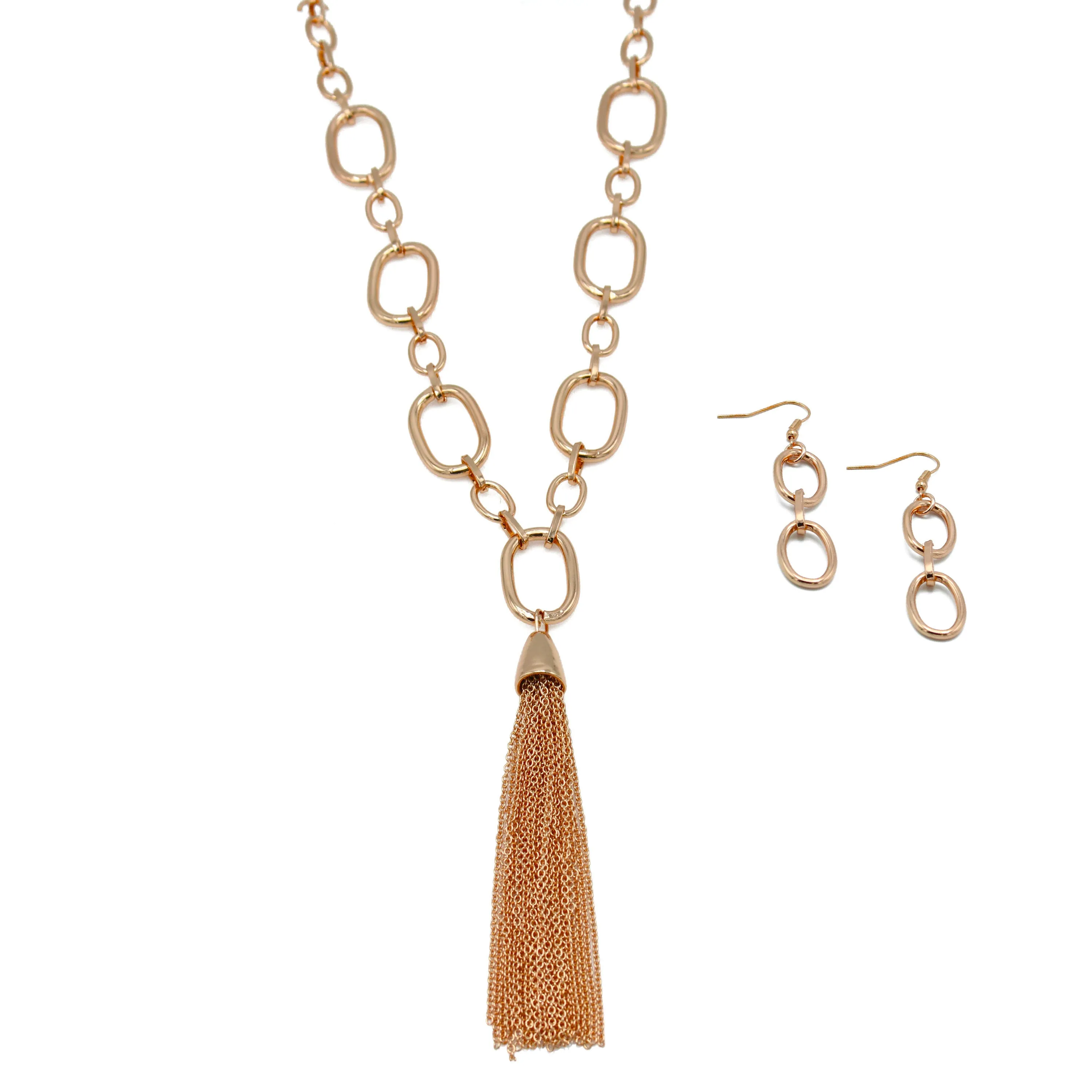 ROSE GOLD RECTANGLE LINK CHAIN TASSEL NECKLACE AND EARRING SET#SQ321-11088RG (MA18)