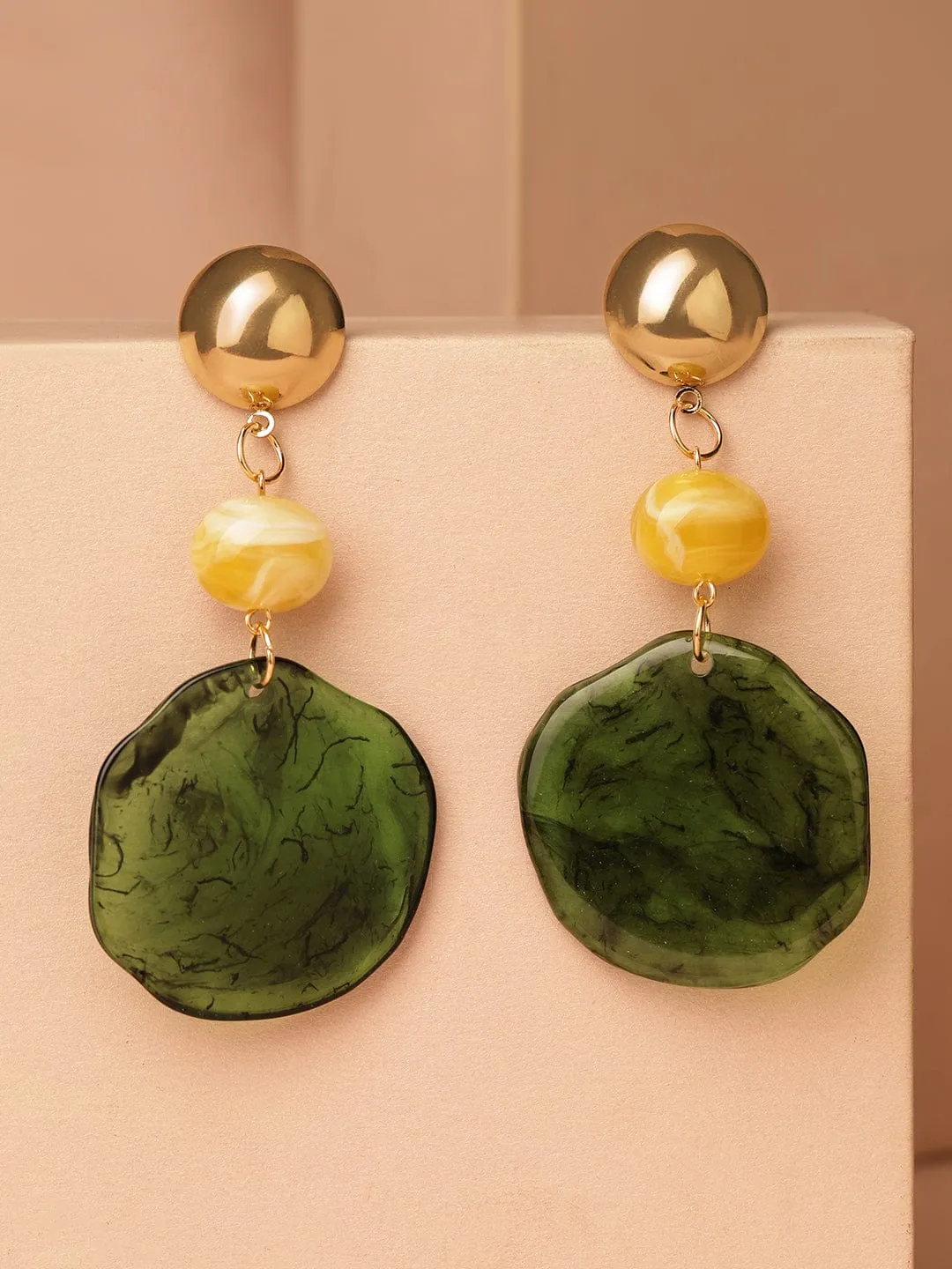 Rubans 18K Gold-Plated Green & Yellow Beaded Stylish Drop Earrings