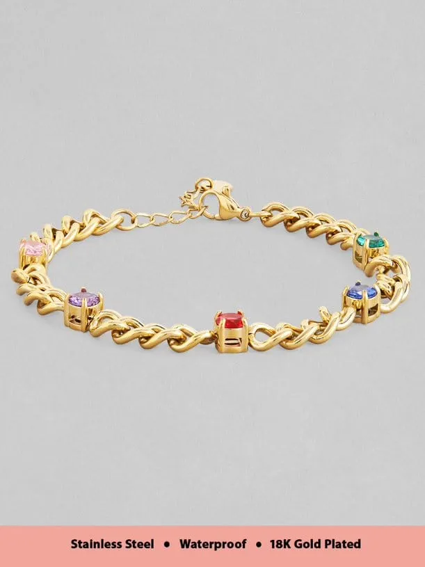 Rubans Voguish 18K Gold Plated Stainless Steel Waterproof Cuban Style Bracelet With Multicolour Zircons Studded.