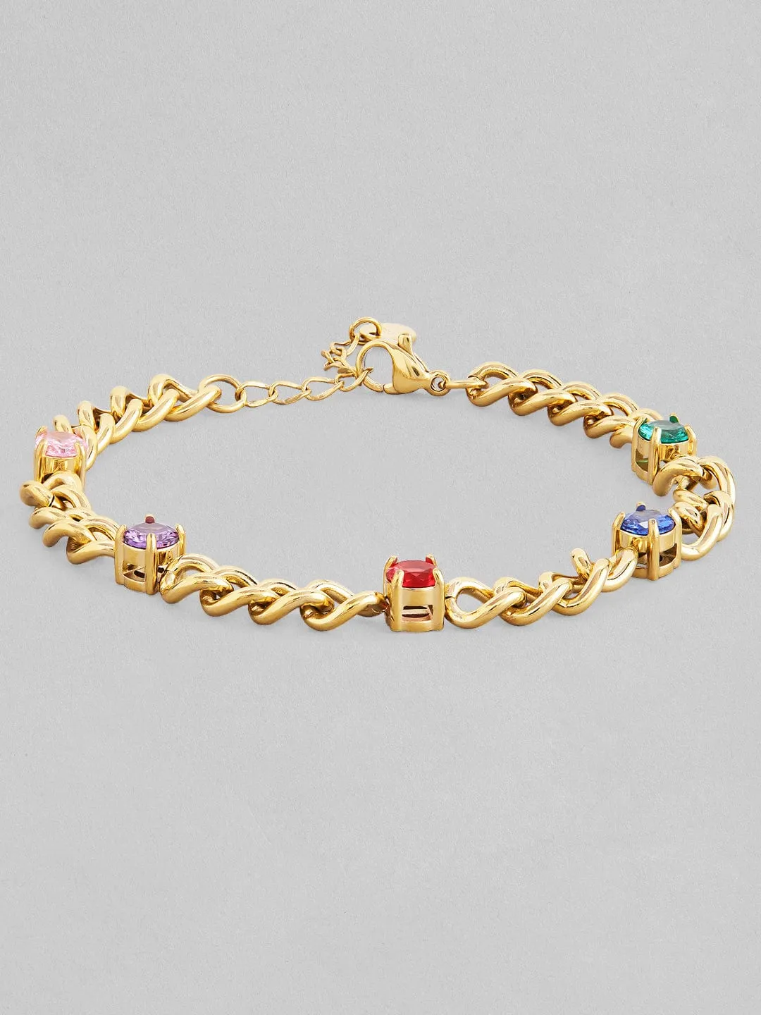 Rubans Voguish 18K Gold Plated Stainless Steel Waterproof Cuban Style Bracelet With Multicolour Zircons Studded.