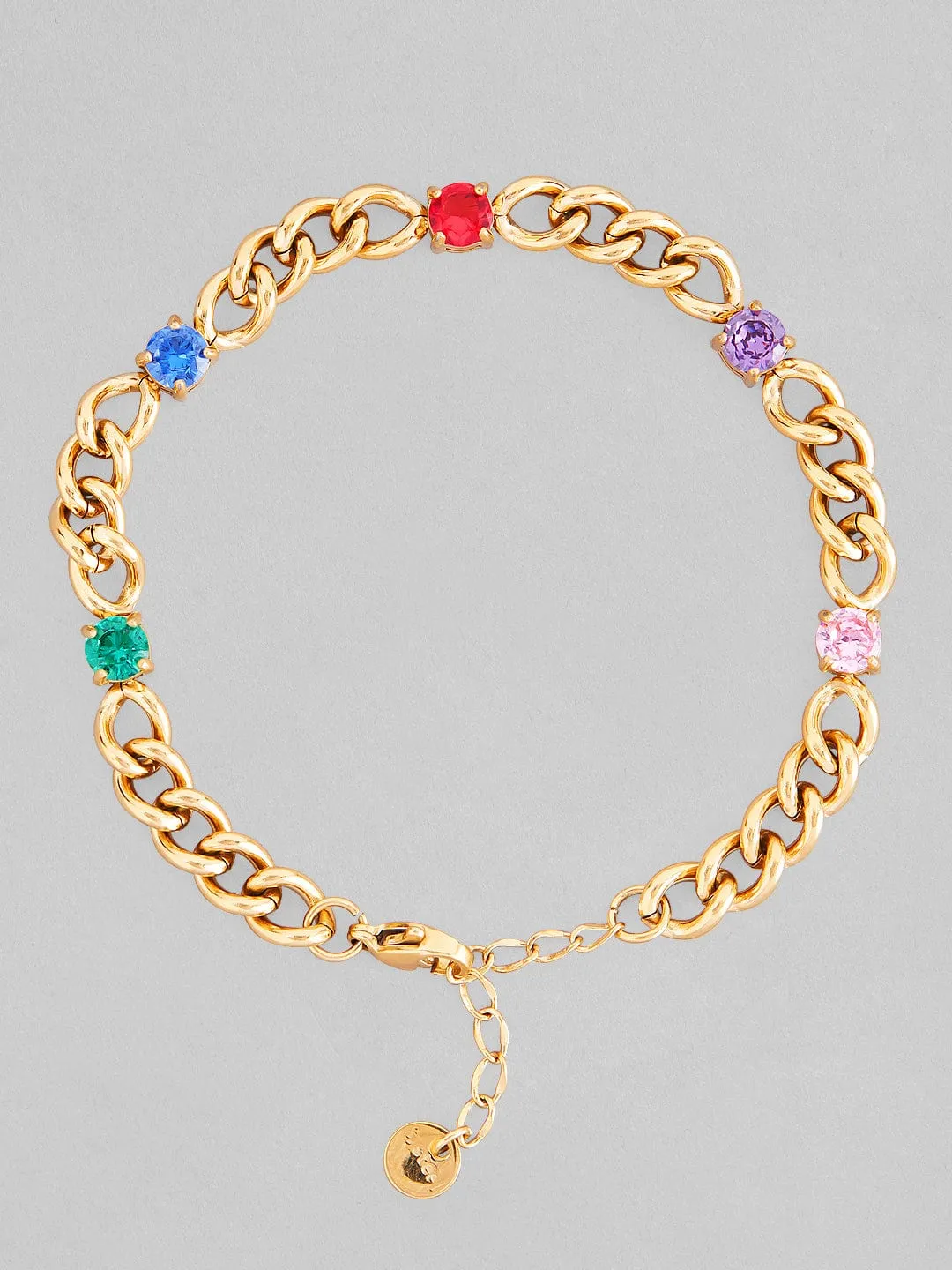 Rubans Voguish 18K Gold Plated Stainless Steel Waterproof Cuban Style Bracelet With Multicolour Zircons Studded.