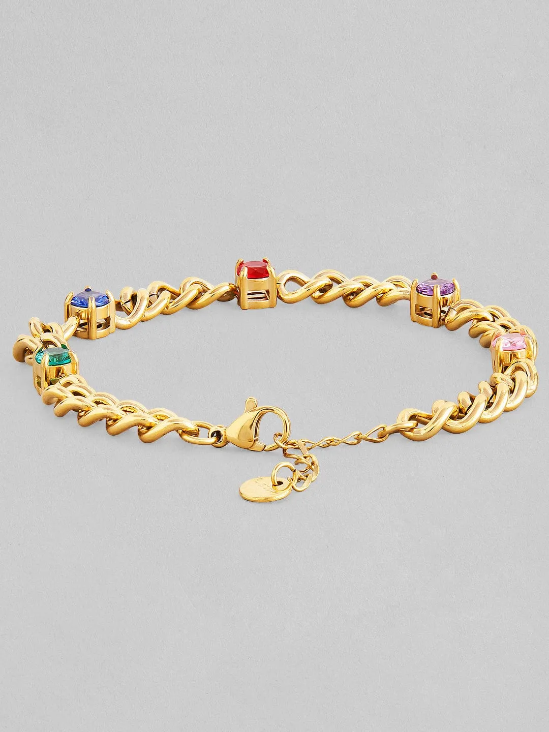 Rubans Voguish 18K Gold Plated Stainless Steel Waterproof Cuban Style Bracelet With Multicolour Zircons Studded.
