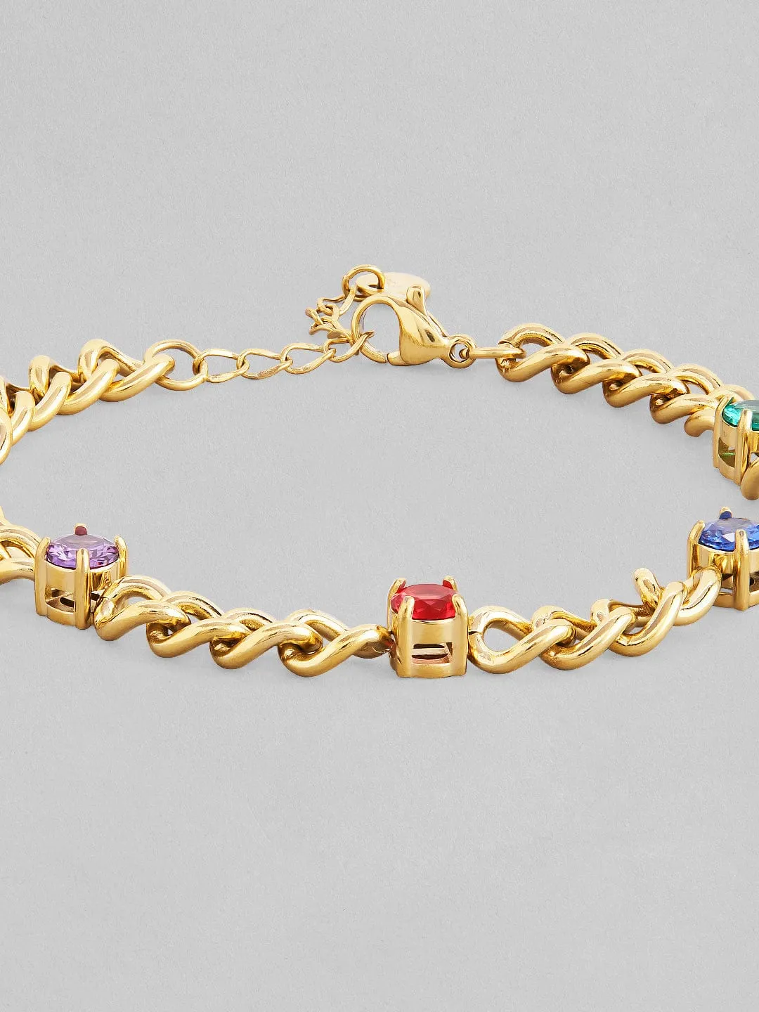Rubans Voguish 18K Gold Plated Stainless Steel Waterproof Cuban Style Bracelet With Multicolour Zircons Studded.