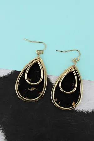 SALE! Goldtone and Black Cork Layered Teardrop Earrings