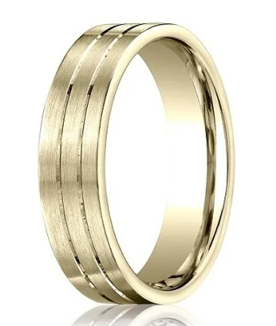 Satin-Finished 10K Yellow Gold Designer Wedding Ring with Polished Grooves | 6mm