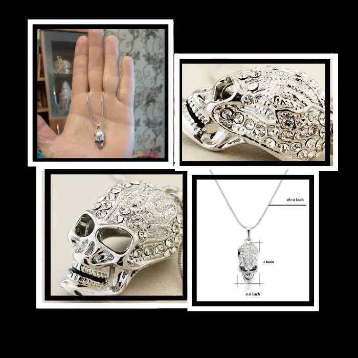 Silver Skull Necklace- Crystal Studded Skull Pendant Necklace