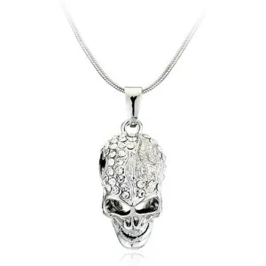 Silver Skull Necklace- Crystal Studded Skull Pendant Necklace