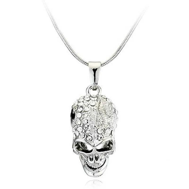 Silver Skull Necklace- Crystal Studded Skull Pendant Necklace