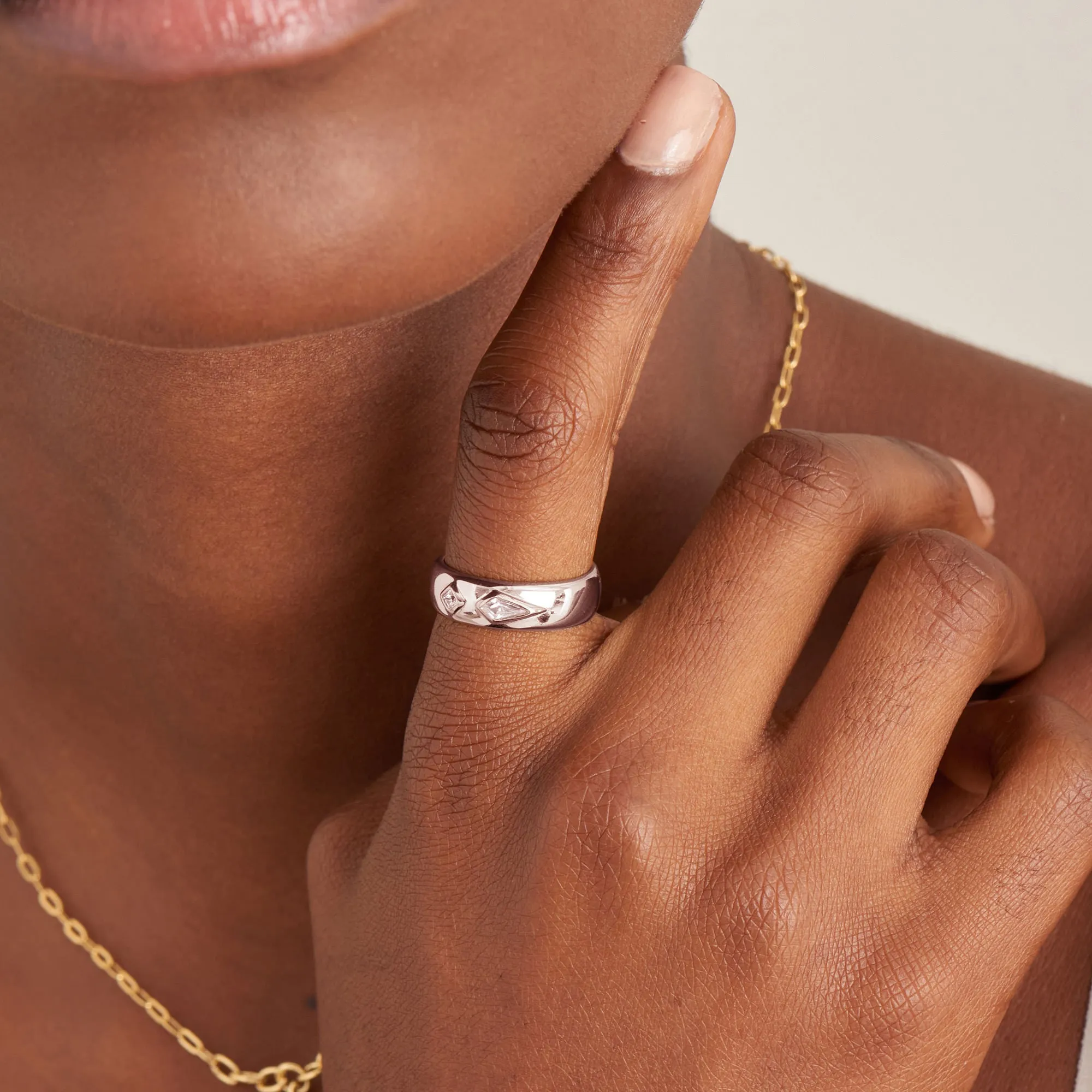 Silver Sparkle Emblem Thick Band Ring