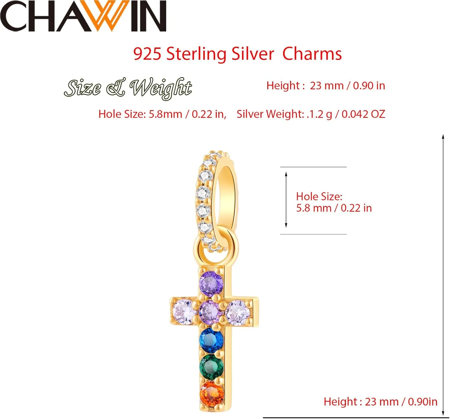 Sparkling Cross Charm for Pandora Charm Bracelets - Gold Plated 925 Sterling Silver Necklace Pendants, Cross Dangle Bead with Cubic Zirconia Stones, Birthday Gift Women/Men.