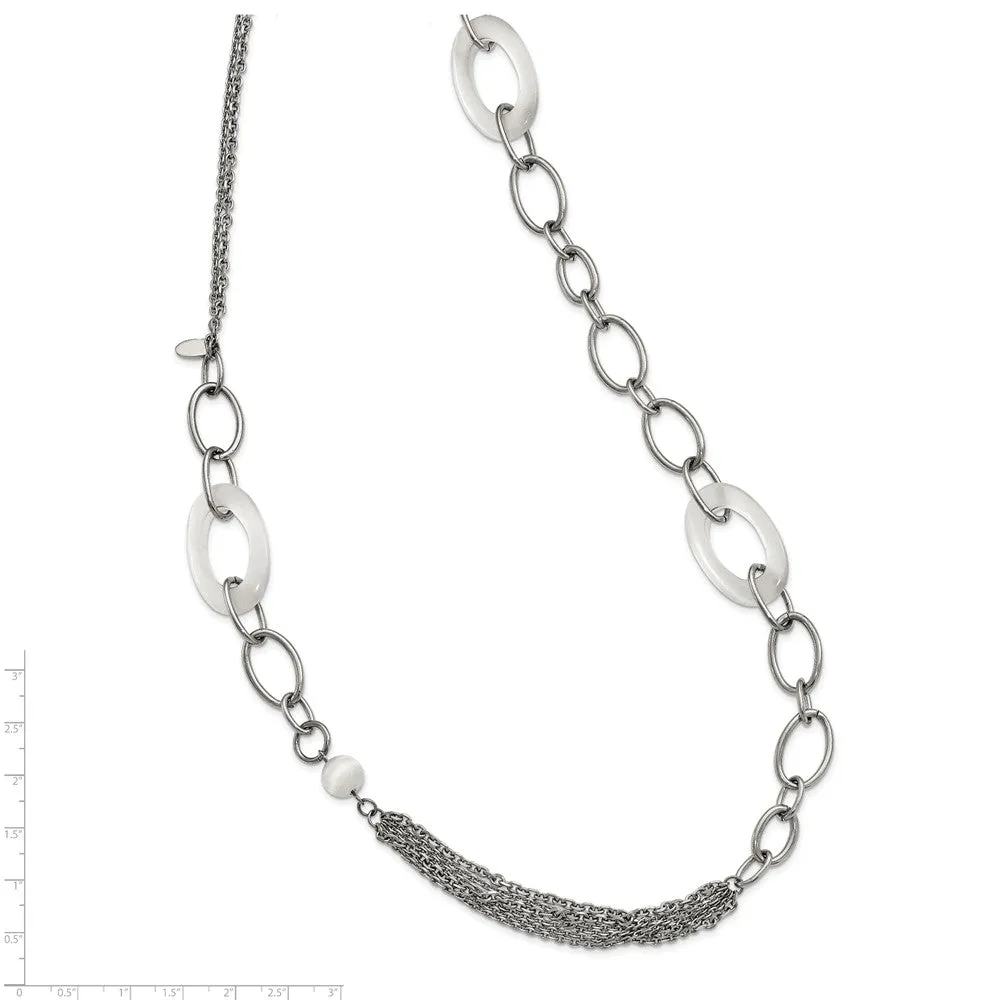 Stainless Steel Polished w/ White Cat's Eye Slip-on Necklace