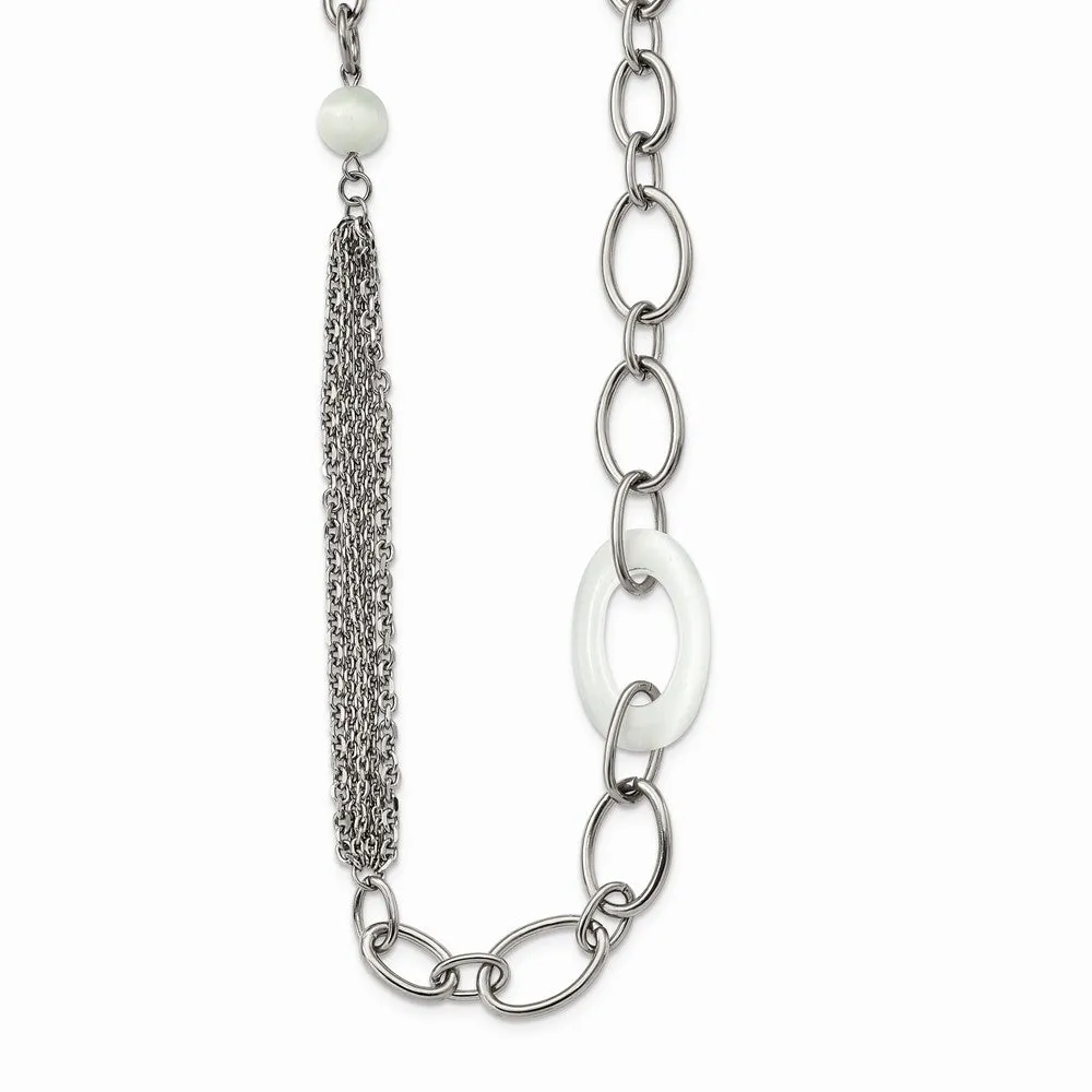 Stainless Steel Polished w/ White Cat's Eye Slip-on Necklace