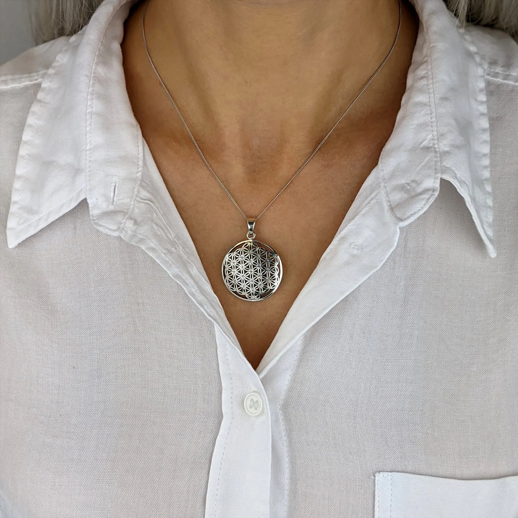 Sterling Silver Flower of Life Mandala Necklace - Round Filigree Pendant